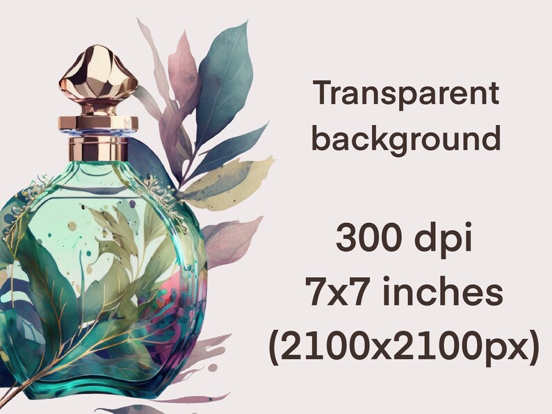 May include: A teal blue glass perfume bottle with a gold cap and a floral design. The bottle is surrounded by watercolor-style leaves and flowers.