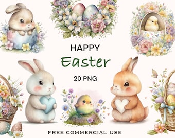 Easter Bunny Clipart Bundle, Watercolor Easter PNG Images Set, Digital Downloads