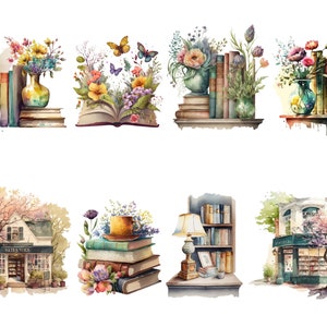 Pu&ograve; includere: Un'illustrazione ad acquerello di otto scene diverse con libri, fiori e una libreria. Le scene includono un vaso di fiori con libri, un libro con fiori che crescono da esso, uno scaffale di libri con fiori, una libreria con un cartello che dice "Sates & Tucs", uno scaffale di libri con una lampada e una libreria con un cartello che dice "Sates & Tucs".