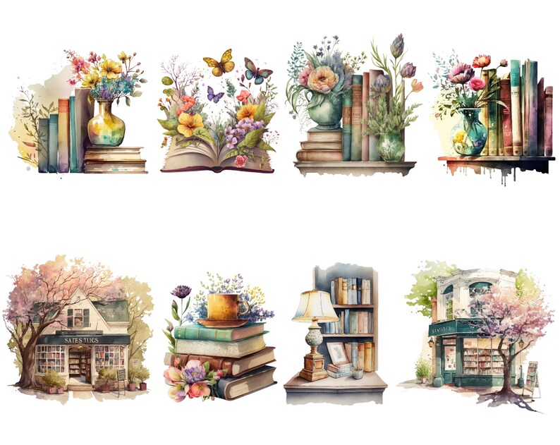 Pu&ograve; includere: Un'illustrazione ad acquerello di otto scene diverse con libri, fiori e una libreria. Le scene includono un vaso di fiori con libri, un libro con fiori che crescono da esso, uno scaffale di libri con fiori, una libreria con un cartello che dice "Sates & Tucs", uno scaffale di libri con una lampada e una libreria con un cartello che dice "Sates & Tucs".