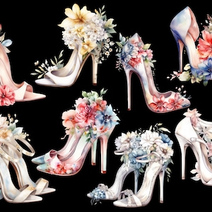 Puede incluir: Una colecci&oacute;n de siete zapatos blancos de tac&oacute;n alto decorados con flores de acuarela de colores. Los zapatos tienen diferentes estilos y arreglos florales, incluyendo rosas, lirios y margaritas.