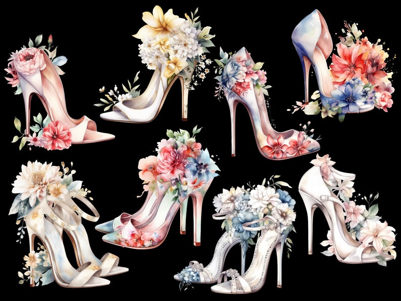Puede incluir: Una colecci&oacute;n de siete zapatos blancos de tac&oacute;n alto decorados con flores de acuarela de colores. Los zapatos tienen diferentes estilos y arreglos florales, incluyendo rosas, lirios y margaritas.
