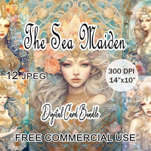 Clipart de jeune fille de la mer, oeuvre d'art imprimable sirène, cartes numériques haute résolution de fille nautique, conception de portrait féminin, usage commercial gratuit