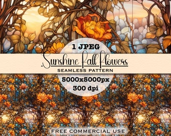 Fall flowers seamless pattern, Stained glass flower digital paper, Stain glass floral pattern, Fall seamless design, Free commercial use
