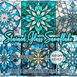 Stained glass snowflake pattern clipart, Art nouveau printable images, Stain glass winter graphics, Snowflake patterns, Free commercial use