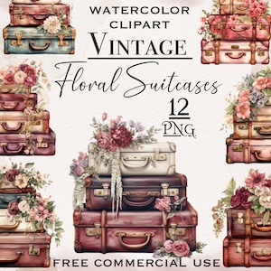 Bundle PNG de valise vintage floral, bagage vintage png, valise florale png, clipart aquarelle, clipart de voyage de fleurs, feuille de collage png