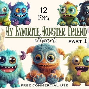 Clipart de brinquedo de monstro fofo, pacote png de monstrinhos de pelúcia de fantasia, imagens de terror assustador de Halloween para colagem etc., uso comercial gratuito