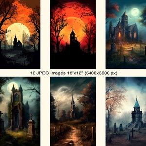 May include: A set of 12 digital images featuring a spooky church in a graveyard setting. The images depict a variety of scenes, including a full moon, a red sky, and a foggy night. The church is a gothic structure with a tall steeple and a graveyard with tombstones and crosses.