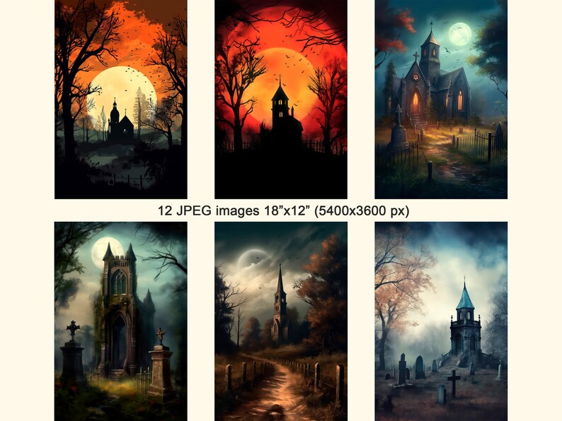 May include: A set of 12 digital images featuring a spooky church in a graveyard setting. The images depict a variety of scenes, including a full moon, a red sky, and a foggy night. The church is a gothic structure with a tall steeple and a graveyard with tombstones and crosses.