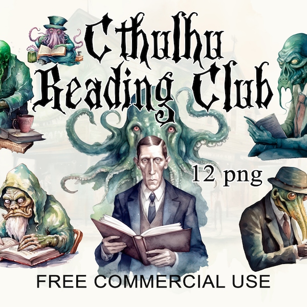 Lovecraft book club clipart, Cthulhu & Dagon lover images, Reading monsters art, Watercolor horror png for true fans, Free commercial use