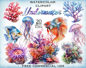 Underwater PNG Bundle, Watercolor sea animal clipart, Under the sea nature clipart, Coral reef clipart, Ocean theme clipart, Fish clip art