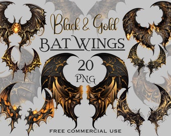 May include: Twenty black and gold bat wings with intricate details. The wings are in various poses and sizes. Free commercial use.