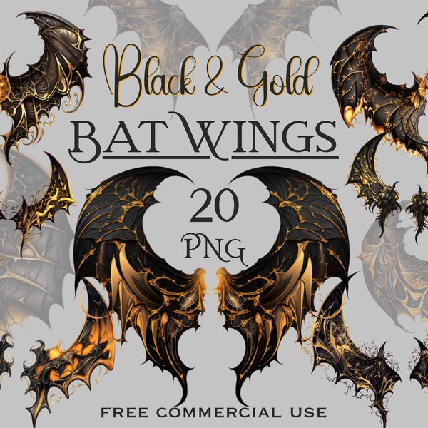 Black and gold bat wings clipart, Victorian gothic aesthetic vampire png, Halloween overlay bats bundle for collage etc, Free commercial use