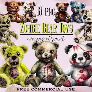 Clipart de urso de pelúcia zumbi, ursos de pelúcia engraçados de Halloween, zumbis png, apocalipse zumbi de brinquedo assustador, clipart de terror animal, clipart fofo assustador