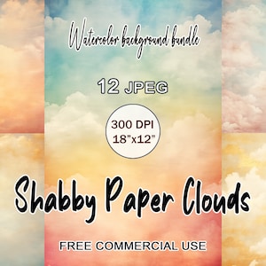 Shabby Paper Clouds Background Bundle, Abstract Watercolor Painting, Digital Paper Pack, Vintage Cloud Sky Clipart, Shabby Chic Paper Pack