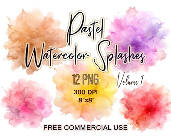 May include: A digital graphic featuring six pastel watercolor splashes in shades of brown, pink, purple, yellow, and red. The text "Pastel Watercolor Splashes" and "Volume 1" are displayed. The image is 8"x8" at 300 DPI and includes 12 PNG files.