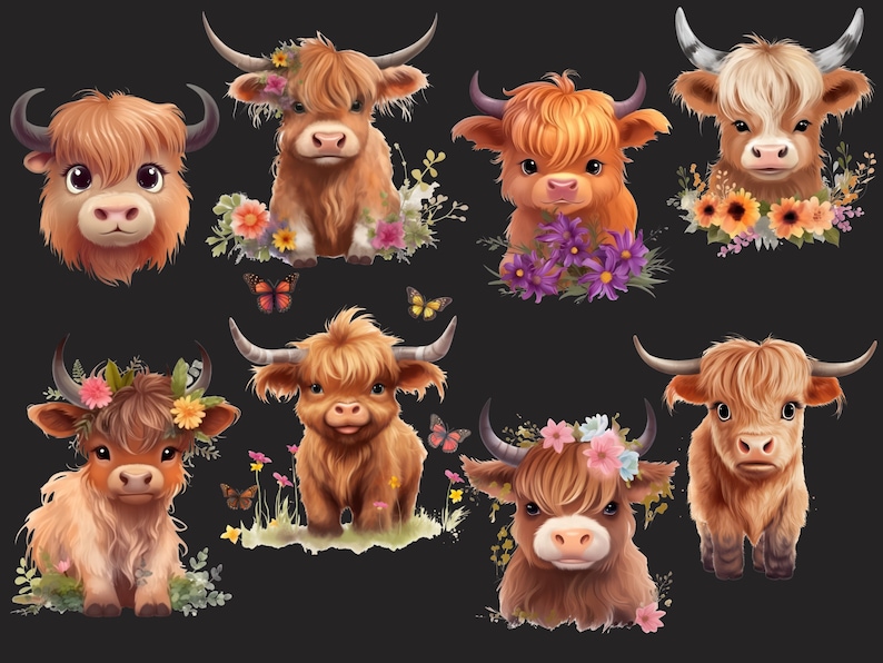 Highland Baby Cow Clipart, Cute Little Animal Png Bundle for Design ...