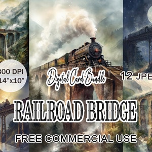 Spoorbrug clipart, bundel digitale digitale kaarten aquarel landschap, kit met hoge kwaliteit afdrukbare afbeeldingen voor het maken van kaarten, gratis commercieel gebruik