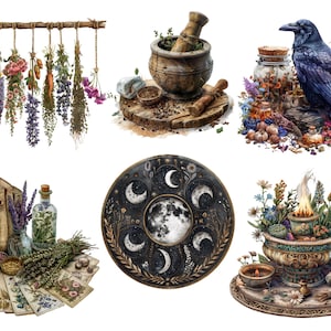 May include: A collection of six watercolor illustrations featuring various witchy and magical elements. The illustrations include a mortar and pestle, a raven, a collection of herbs, a moon phase circle, a book of spells, and a cauldron with a flame.