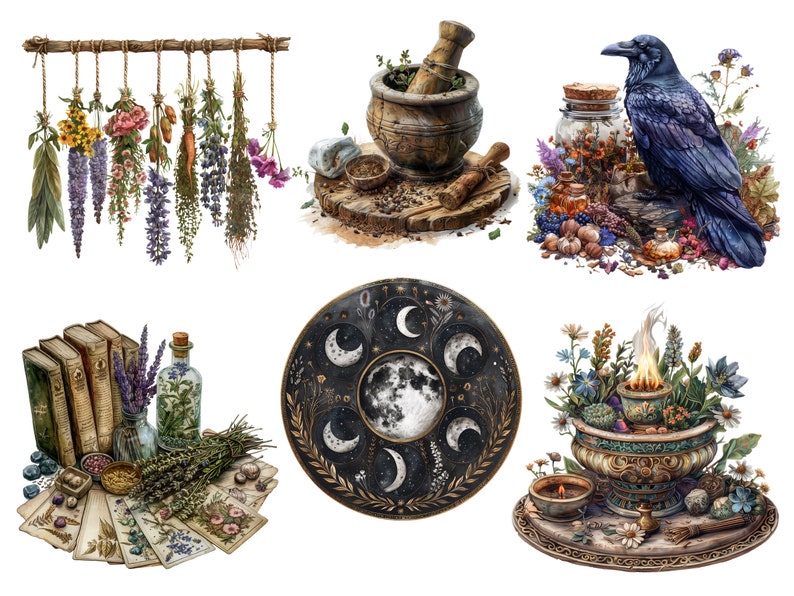 May include: A collection of six watercolor illustrations featuring various witchy and magical elements. The illustrations include a mortar and pestle, a raven, a collection of herbs, a moon phase circle, a book of spells, and a cauldron with a flame.