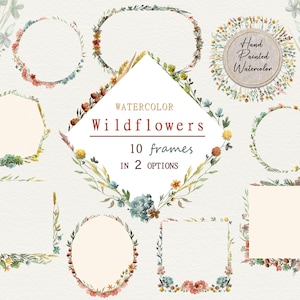 Clipart cadre fleur pressée, aquarelle fleurs sauvages png, cadres floraux délicats, conception d'invitation de mariage botanique