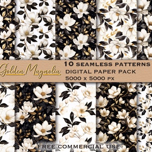 Paquete de patrones sin costuras de magnolias, paquete de papel digital floral en blanco y negro y dorado, paquete de diseños sin costuras de flores, clipart de magnolia en acuarela