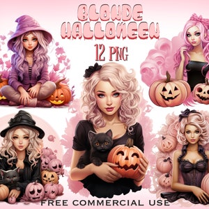 May include: A set of 12 digital illustrations featuring a blonde woman in various Halloween costumes. The illustrations include a witch, a vampire, and a ghost. The woman is holding a pumpkin and a black cat. The illustrations are in a cartoon style and are perfect for use in digital scrapbooking, card making, and other creative projects.