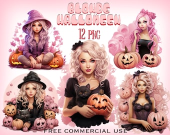 Blonde Halloween png bundle, Pink Halloween png, Pink pumpkin png, Halloween pumpkin clipart, Gothic girl pink clipart, Jack o lantern png