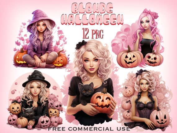 Blonde Halloween png bundle, Pink Halloween png, Pink pumpkin png, Halloween pumpkin clipart, Gothic girl pink clipart, Jack o lantern png