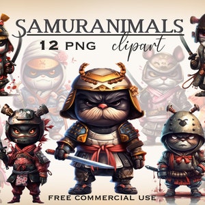 Pacote PNG de animais samurai, clipart de animais de mangá, clipart de anime Kawaii, guerreiros de mangá png, arte digital de samurai, clipart japonês Tanuki