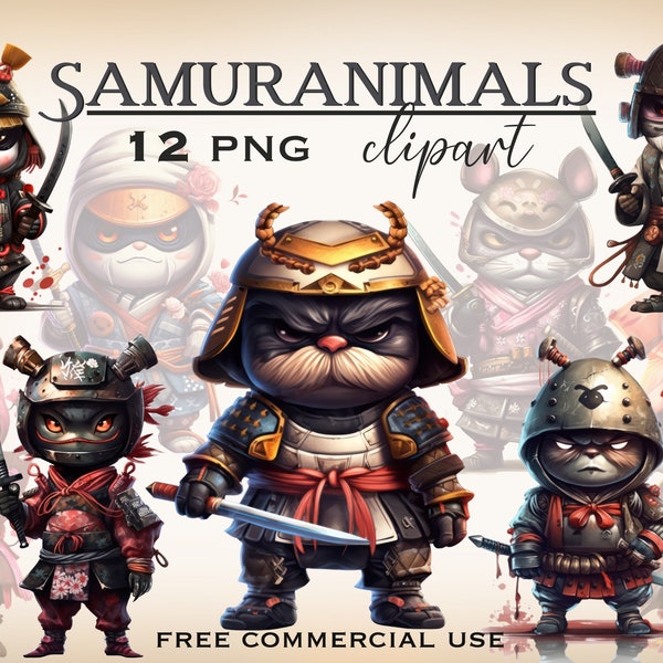 Samurai animals PNG bundle, Manga animal clipart, Kawaii anime clipart, Manga warriors png, Digital samurai art, Tanuki japanese clipart