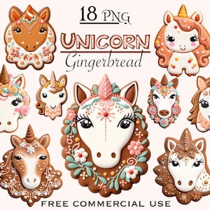 May include: 18 PNG Unicorn Gingerbread cookie designs. The cookies are decorated with frosting, sprinkles, and other details. They are all different colors and have different expressions on their faces.