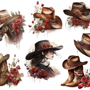 May include: Nine digital illustrations of cowboy hats with red roses and greenery. The hats are brown and have various designs. Some of the hats are worn by people or horses.