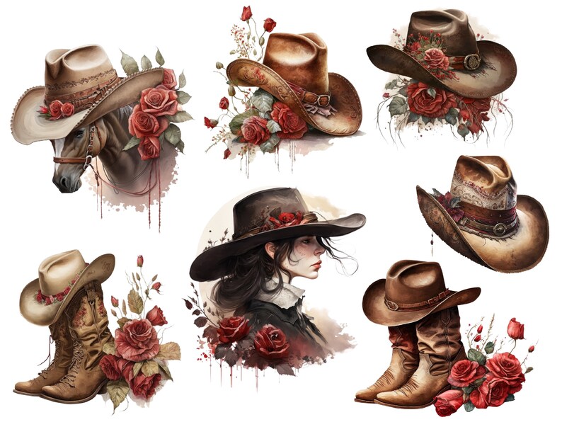 May include: Nine digital illustrations of cowboy hats with red roses and greenery. The hats are brown and have various designs. Some of the hats are worn by people or horses.