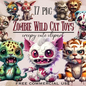 Peut inclure: Un ensemble de 17 images clipart num&eacute;riques de chats sauvages et de tigres zombies mignons et dessin&eacute;s. Les images sont dans une vari&eacute;t&eacute; de poses et d'expressions, et elles sont toutes dans un style cartoon. Le texte "ZOMBIE WILD CAT TOYS creepy cute clipart" est en haut de l'image. Le texte "FREE COMMERCIAL USE" est en bas de l'image.