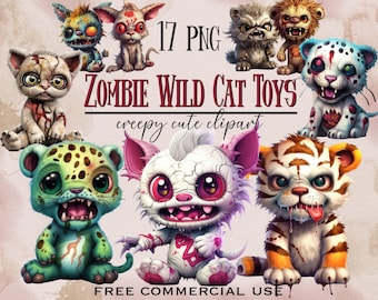 Peut inclure: Un ensemble de 17 images clipart numériques de chats sauvages et de tigres zombies mignons et dessinés. Les images sont dans une variété de poses et d'expressions, et elles sont toutes dans un style cartoon. Le texte "ZOMBIE WILD CAT TOYS creepy cute clipart" est en haut de l'image. Le texte "FREE COMMERCIAL USE" est en bas de l'image.