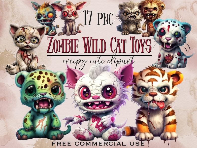 Peut inclure: Un ensemble de 17 images clipart num&eacute;riques de chats sauvages et de tigres zombies mignons et dessin&eacute;s. Les images sont dans une vari&eacute;t&eacute; de poses et d'expressions, et elles sont toutes dans un style cartoon. Le texte "ZOMBIE WILD CAT TOYS creepy cute clipart" est en haut de l'image. Le texte "FREE COMMERCIAL USE" est en bas de l'image.