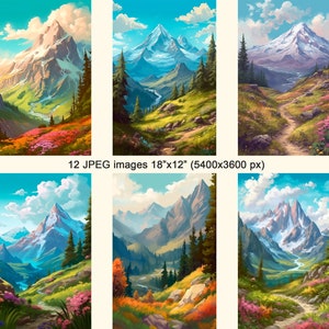 Clip art de montanha, pacote de pintura digital de paisagem em jpeg com uso comercial gratuito, para design, colagem, scrapbooking, diário de recortes etc. imagem 2