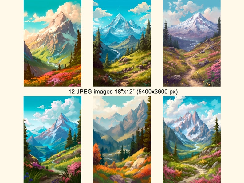 Clip art de montanha, pacote de pintura digital de paisagem em jpeg com uso comercial gratuito, para design, colagem, scrapbooking, diário de recortes etc. imagem 2