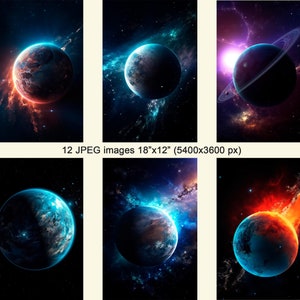 May include: A collection of six digital art prints featuring planets in space with vibrant colors and swirling nebulae. The planets are depicted with a mix of blue, red, and orange hues, creating a dynamic and visually striking composition.