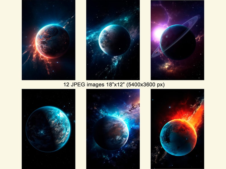 May include: A collection of six digital art prints featuring planets in space with vibrant colors and swirling nebulae. The planets are depicted with a mix of blue, red, and orange hues, creating a dynamic and visually striking composition.