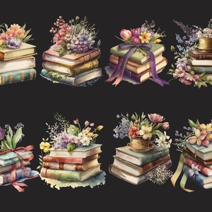 May include: A collection of watercolor illustrations featuring stacks of books with floral arrangements and teacups. The books are decorated with ribbons and the flowers are in various shades of pink, purple, and yellow.