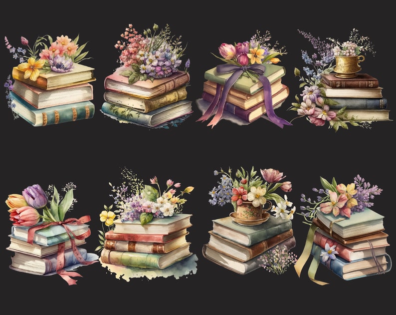 May include: A collection of watercolor illustrations featuring stacks of books with floral arrangements and teacups. The books are decorated with ribbons and the flowers are in various shades of pink, purple, and yellow.