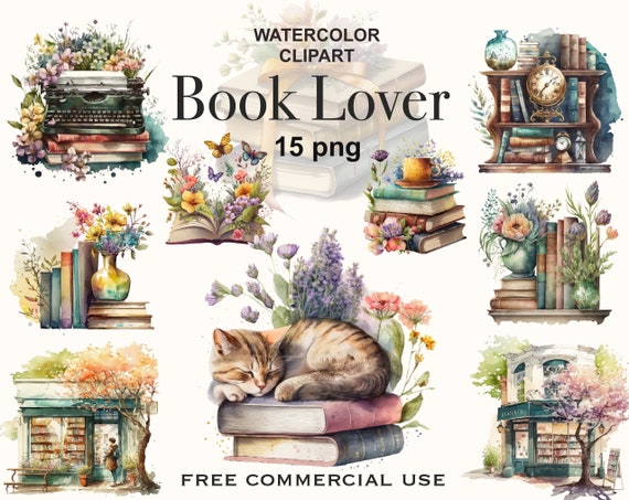 Book lover clipart, Book stack clipart, Watercolor book clipart, Clipart bookshelf, Book club clipart, Reading clipart, Free commercial use