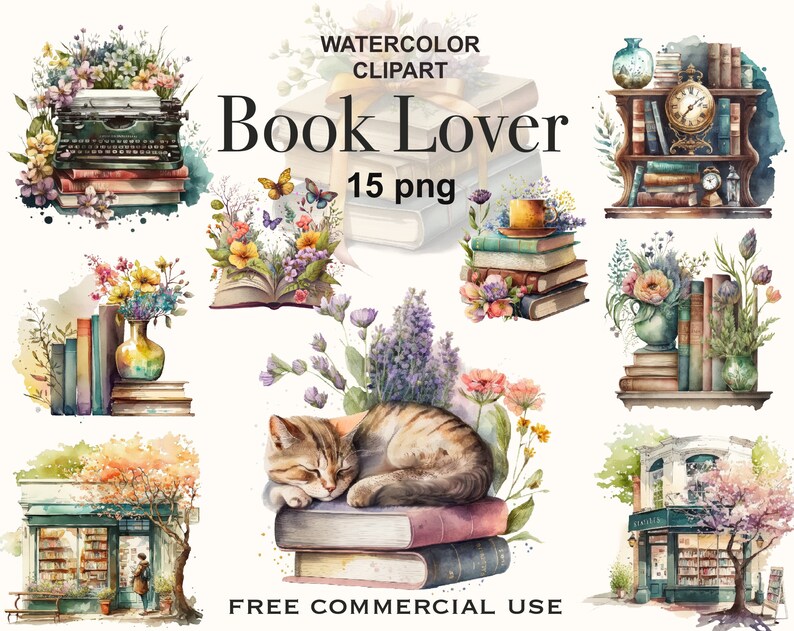 Pu&ograve; includere: Illustrazioni ad acquerello di clipart a tema libro, tra cui una macchina da scrivere, libri, un gatto, una libreria, una tazza da t&egrave; e una libreria. Il testo "Book Lover" e "15 png" &egrave; incluso anche nell'immagine.