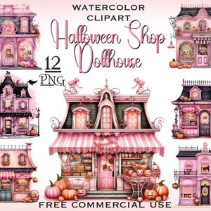 Różowy Halloween sklep clipart, Różowy Halloween png, Vintage Halloween clipart, Różowy dom dla lalek png, Słodka dziewczyna Halloween png, Bezpłatne wykorzystanie komercyjne