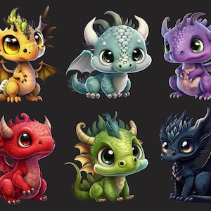 May include: Six adorable cartoon baby dragons in various colours, including yellow, blue, purple, red, green, and black. Each dragon has large eyes and a cute expression.
