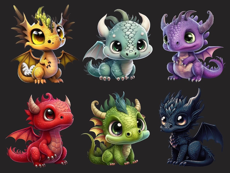 May include: Six adorable cartoon baby dragons in various colours, including yellow, blue, purple, red, green, and black. Each dragon has large eyes and a cute expression.