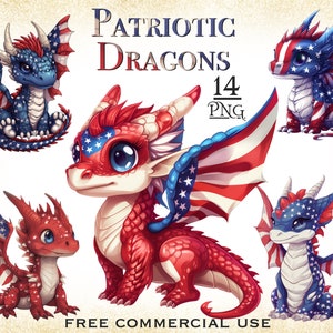 May include: Fourteen digital illustrations of cute baby dragons with red, white, and blue American flag patterns. The dragons are in various poses, including sitting, standing, and flying. The text "PATRIOTIC DRAGONS 14 PNG FREE COMMERCIAL USE" is at the bottom of the image.