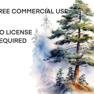 Peut inclure: Peinture &agrave; l'aquarelle d'un grand pin dans un environnement forestier. L'arbre est vert avec un tronc brun et est entour&eacute; d'autres arbres et de brouillard. Le texte "FREE COMMERCIAL USE NO LICENSE REQUIRED" est visible dans le coin sup&eacute;rieur gauche de l'image.